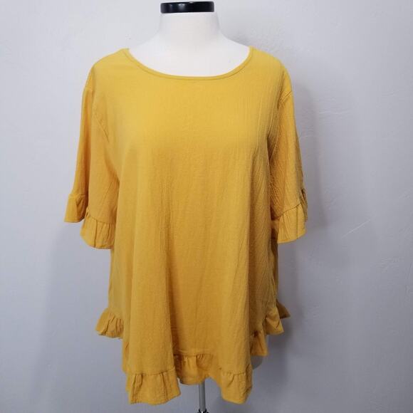 Blouse Womens 2XL Yellow NWT Button Front Ruffle Hem Flowy Short Sleeve Top - Picture 3 of 10